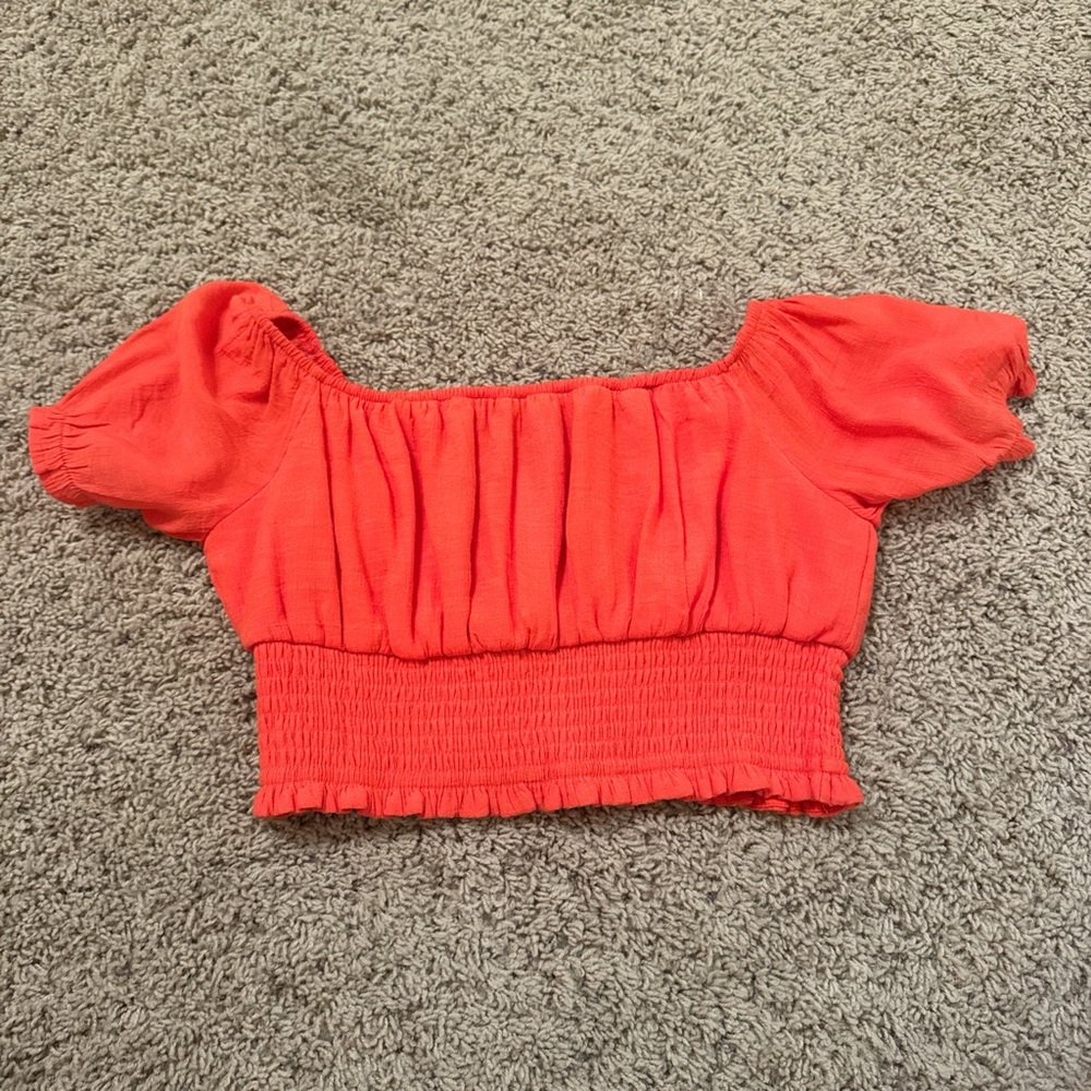 Vibrant Coral Smocked Crop Top